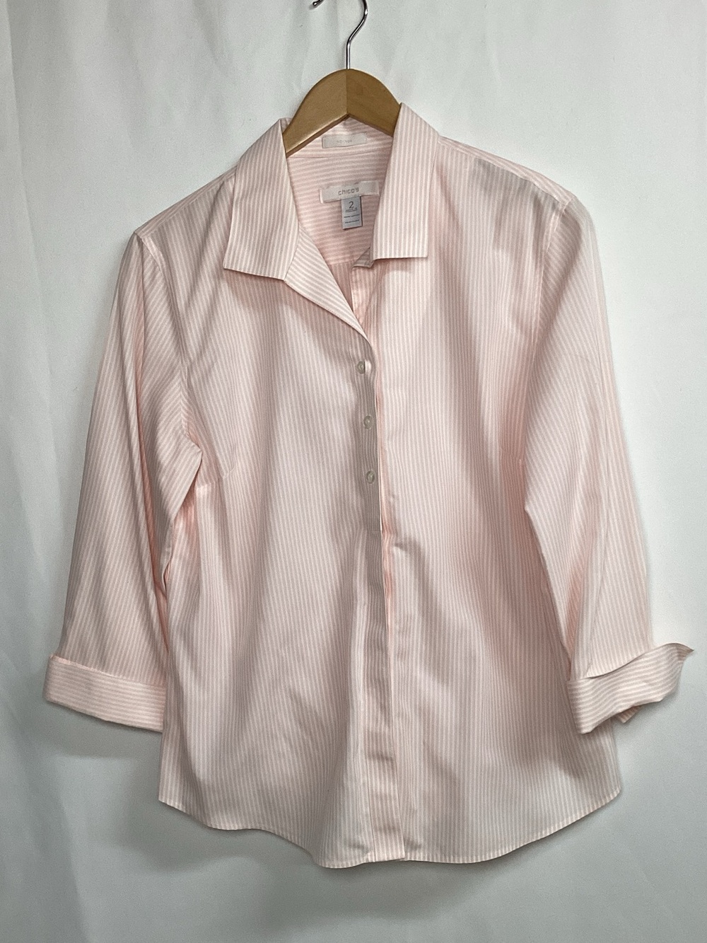 CHICO’S Pink and White Stripe No Iron Button Up Cotton Blouse Size 2